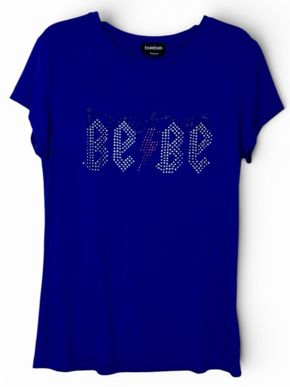 Bebe Blue Short Sleeve Tee W/ BEBE In Rhinestones In AC/DC Pattern, NWOT, Size L
